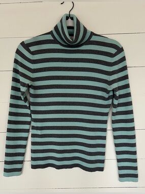 LOFT Aqua and Gray Stripe Ribbed Turtleneck Size Medium.